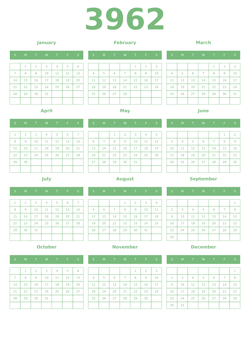 Printable 3962 Year Calendars celadon