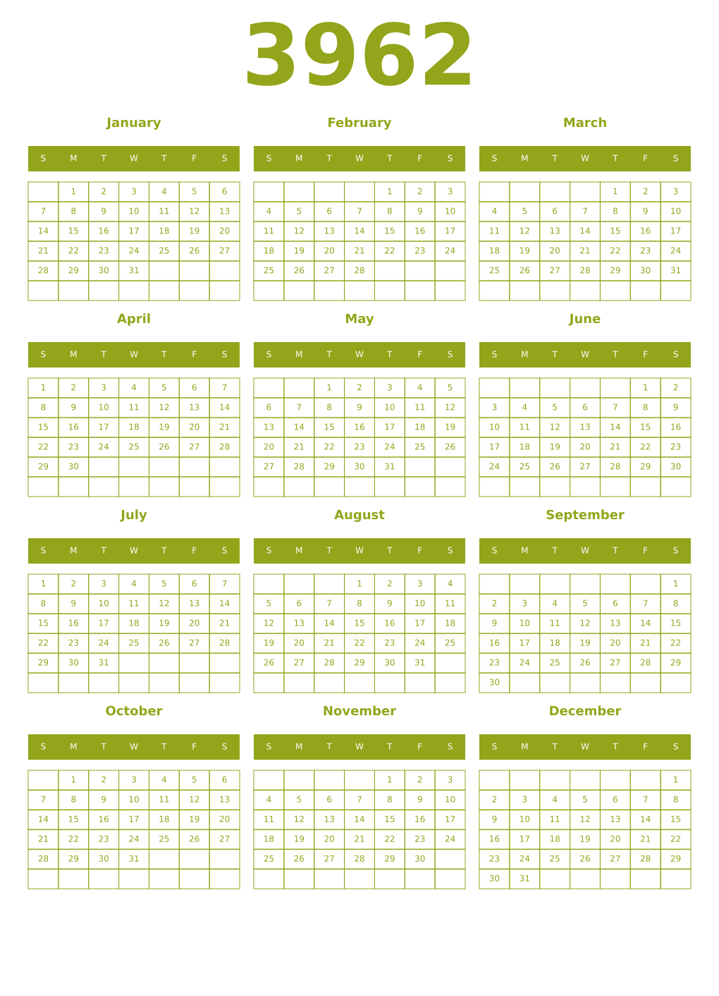 Printable 3962 Year Calendars chartreuse