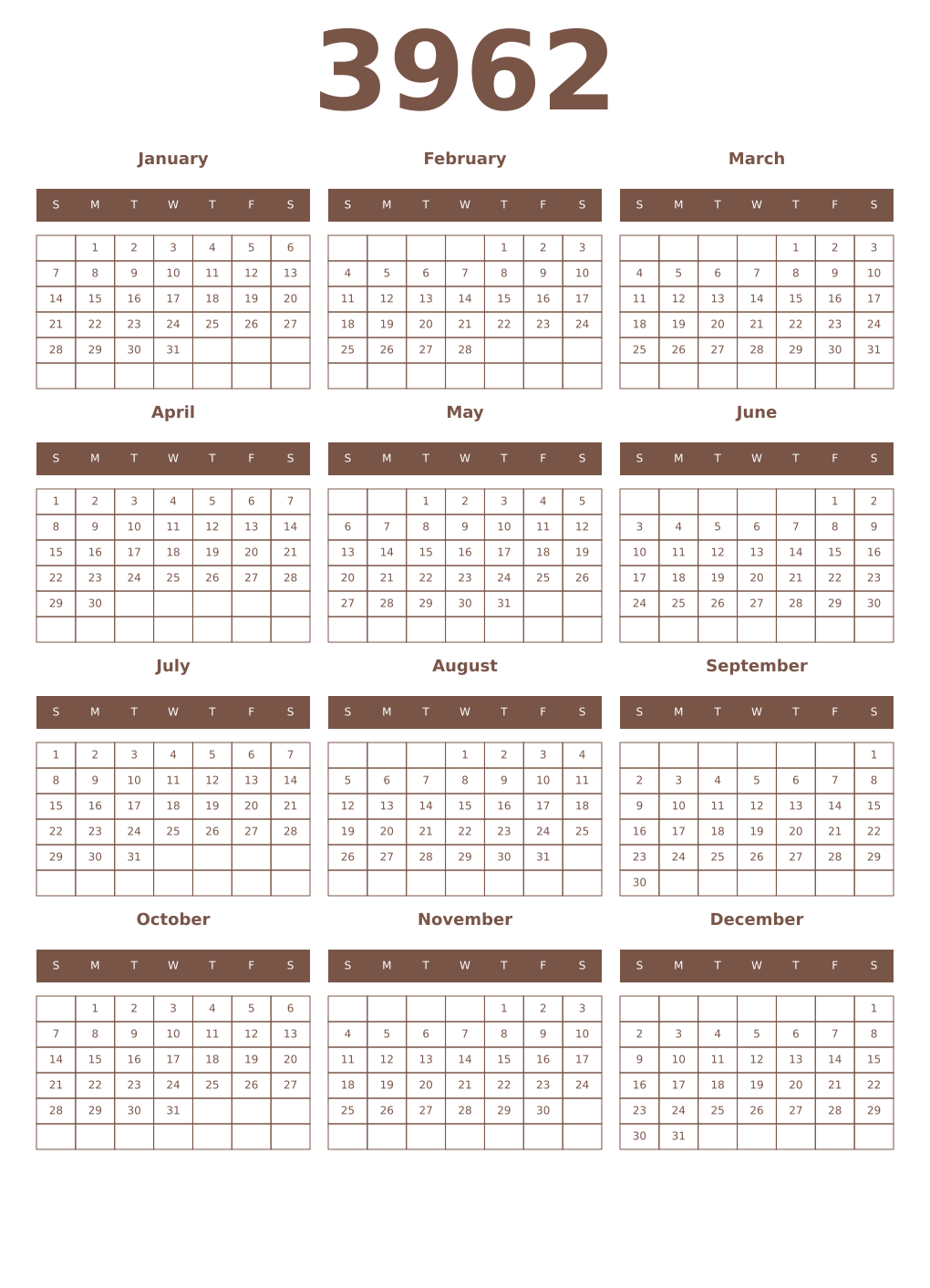 Printable 3962 Year Calendars coffe