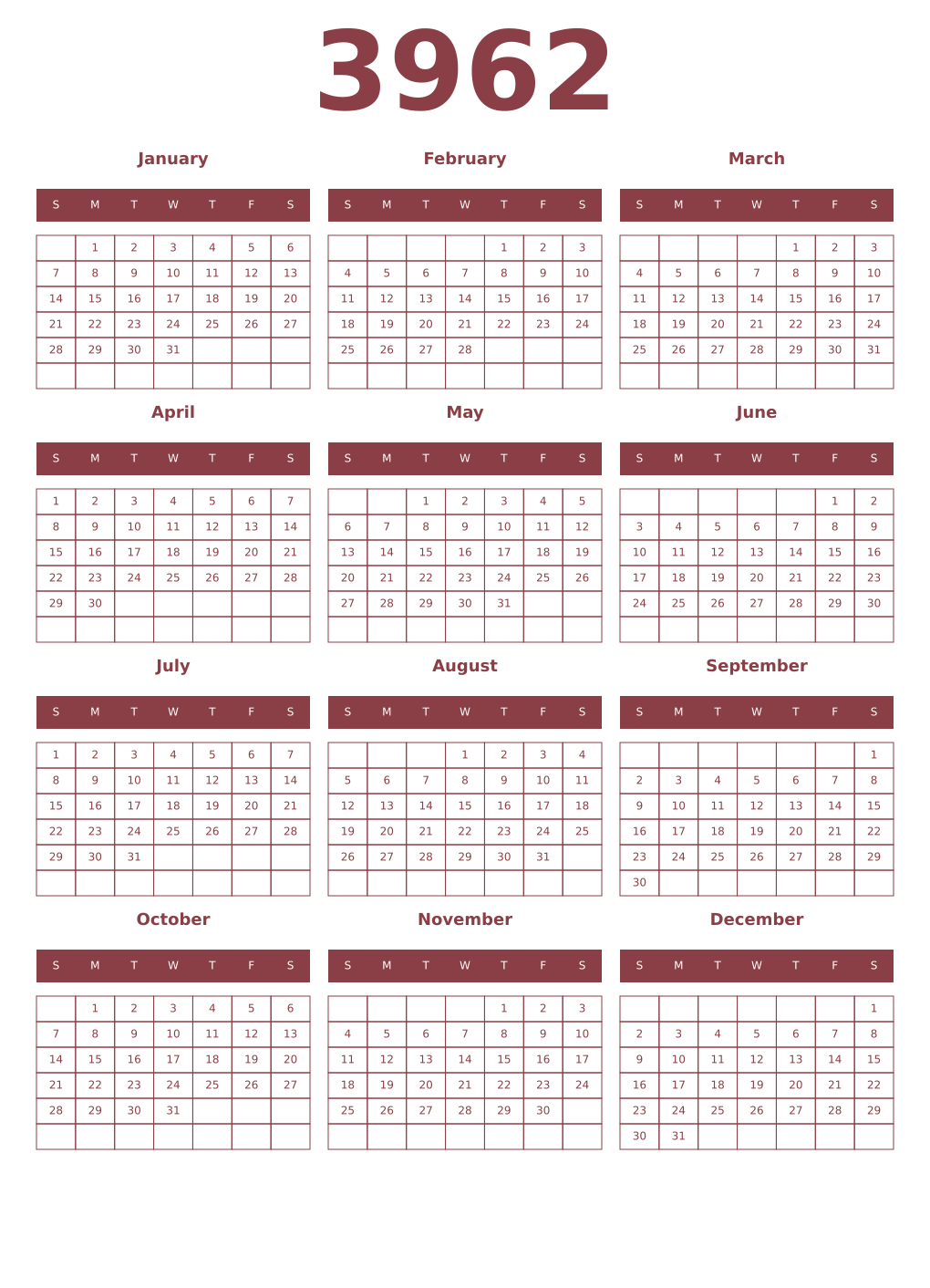 Printable 3962 Year Calendars cordovan