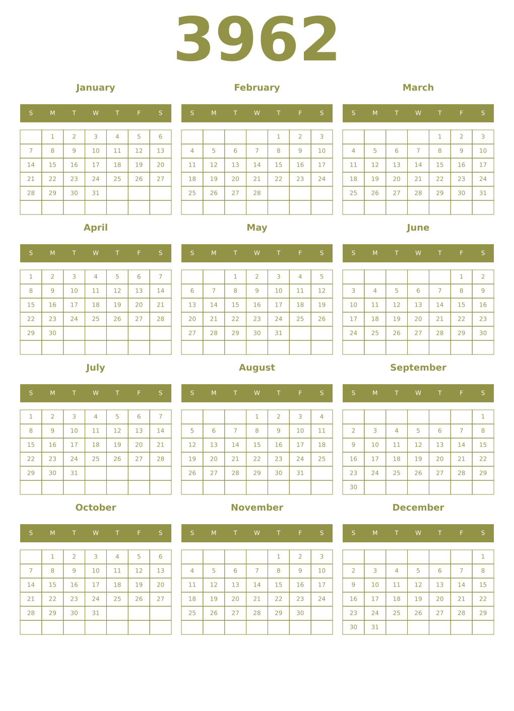 Printable 3962 Year Calendars eburnean