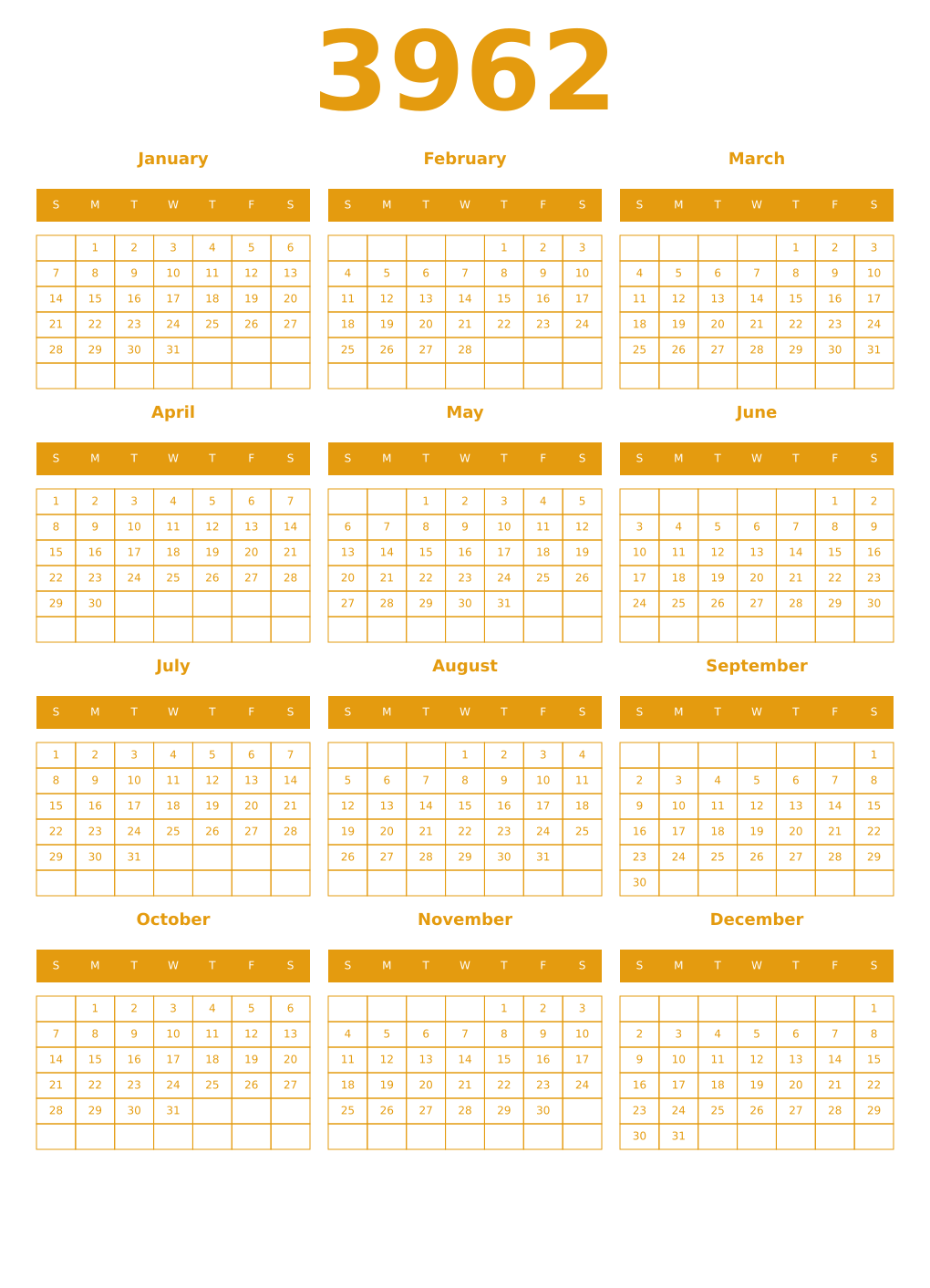 Printable 3962 Year Calendars gamboge