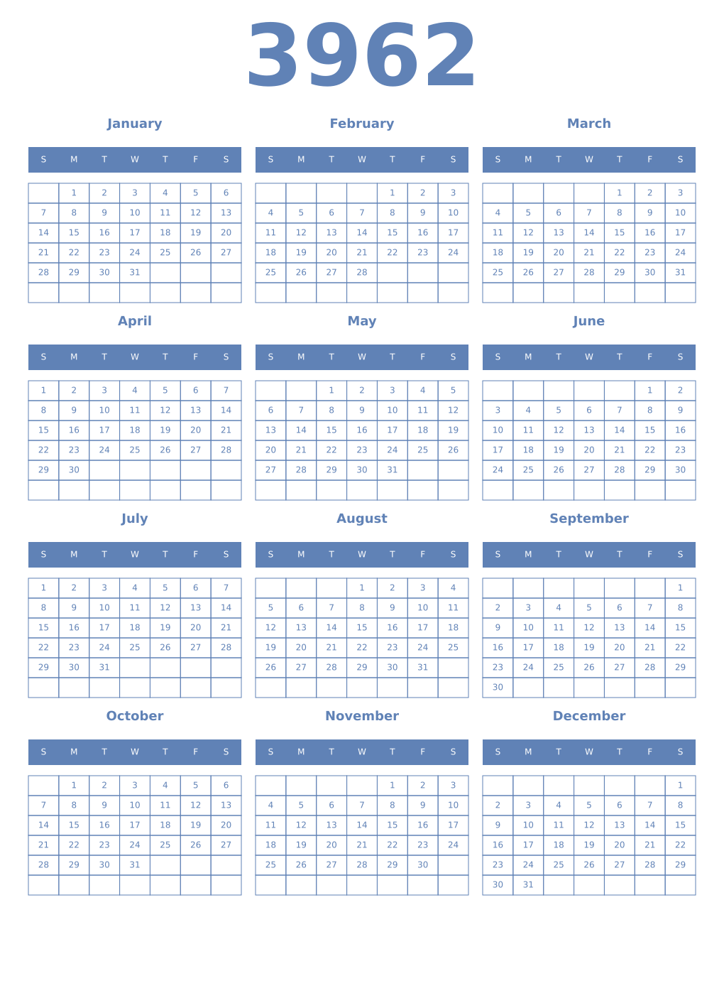 Printable 3962 Year Calendars glaucous