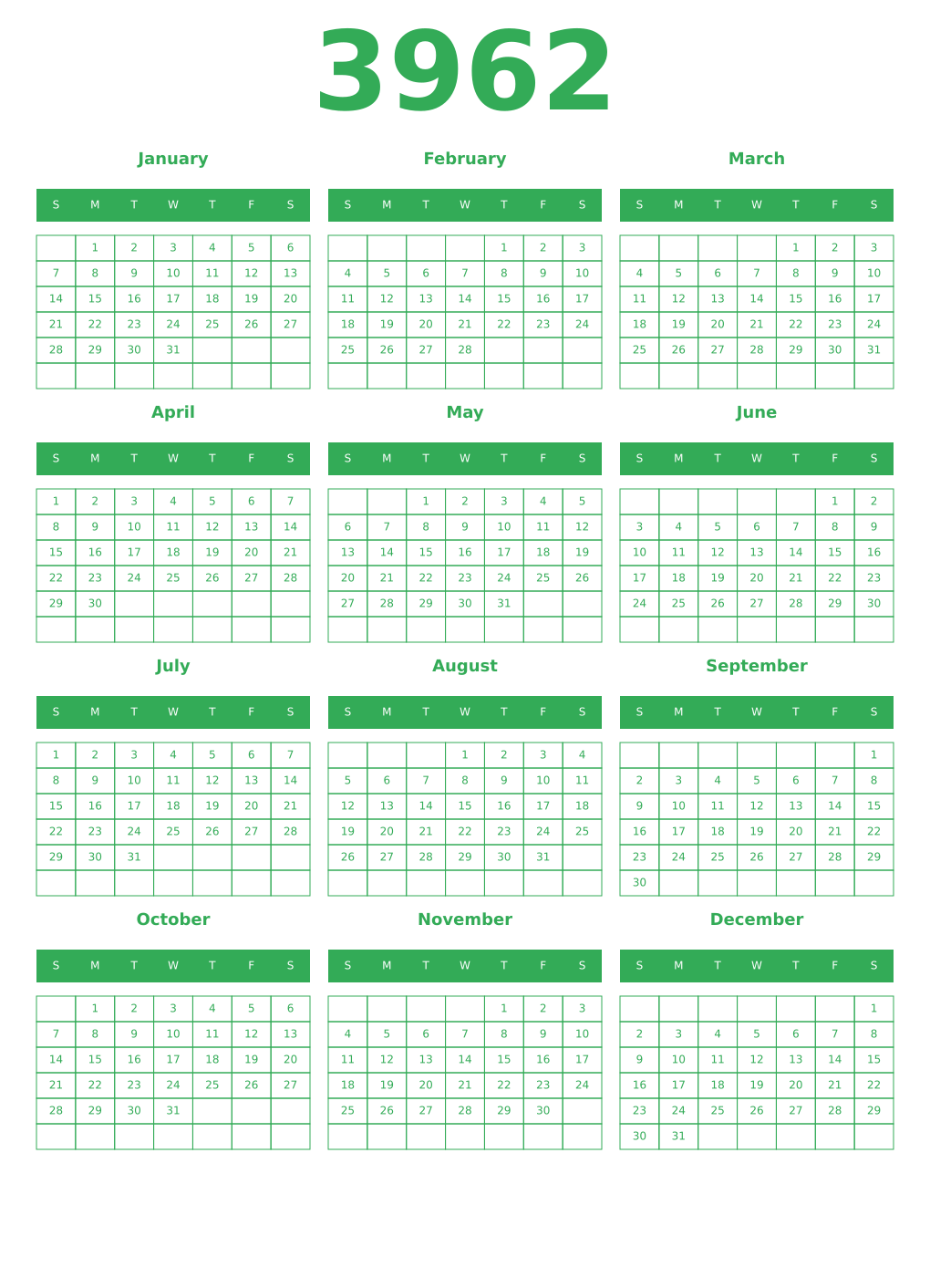Printable 3962 Year Calendars green