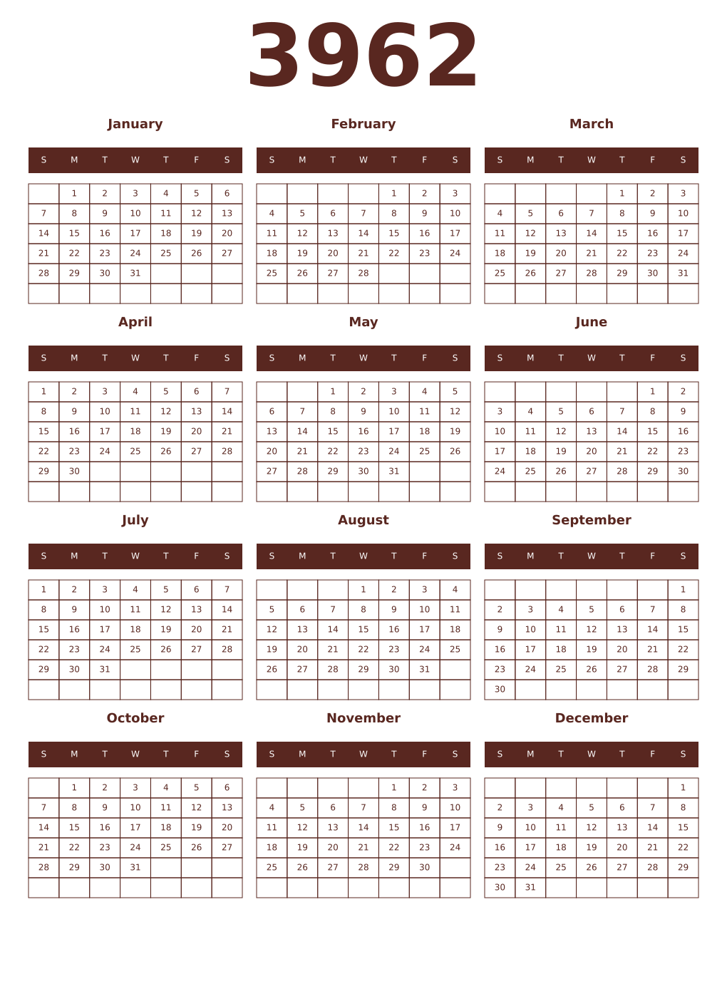 Printable 3962 Year Calendars mortuum