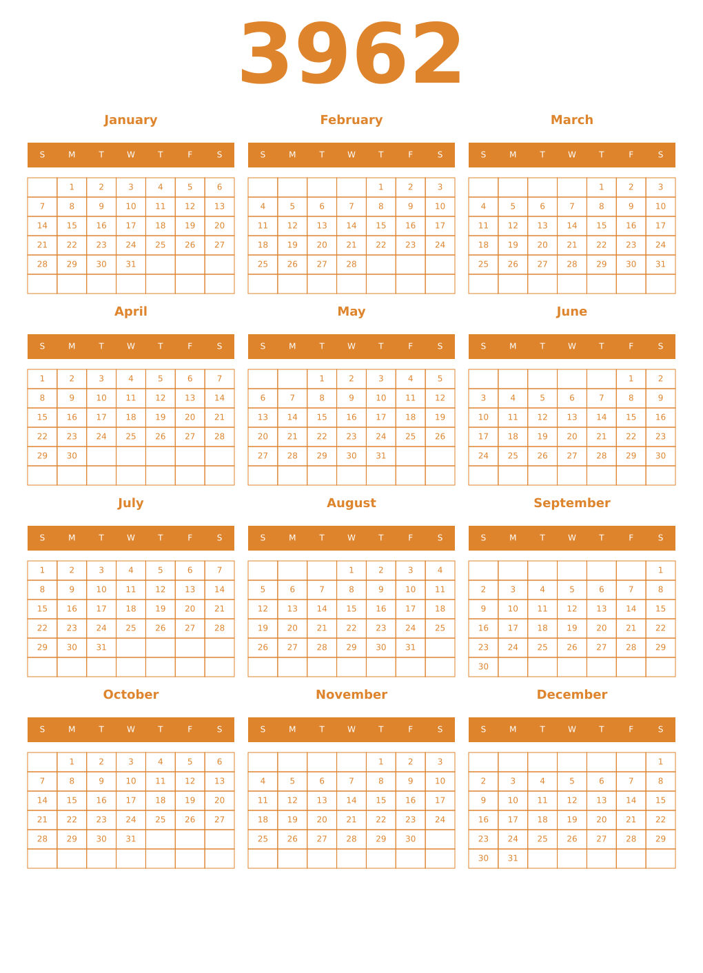 Printable 3962 Year Calendars orange