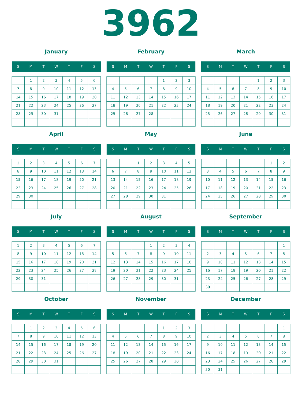 Printable 3962 Year Calendars pastel