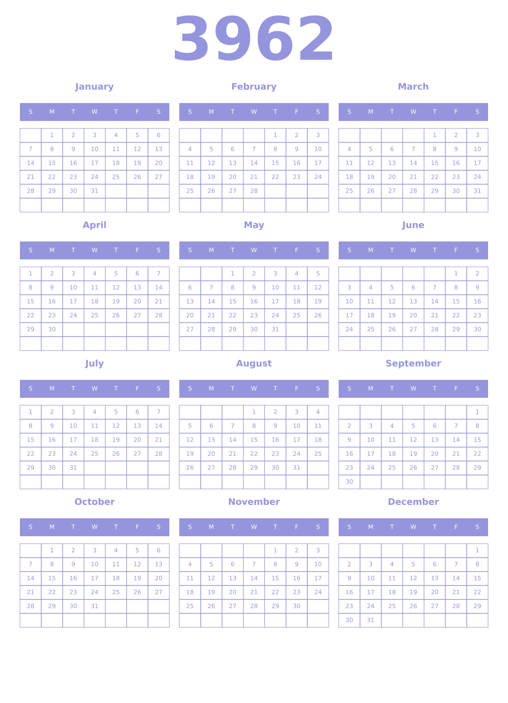 Printable 3962 Year Calendars periwinkle