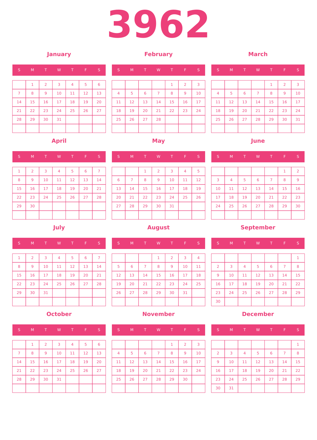 Printable 3962 Year Calendars pink