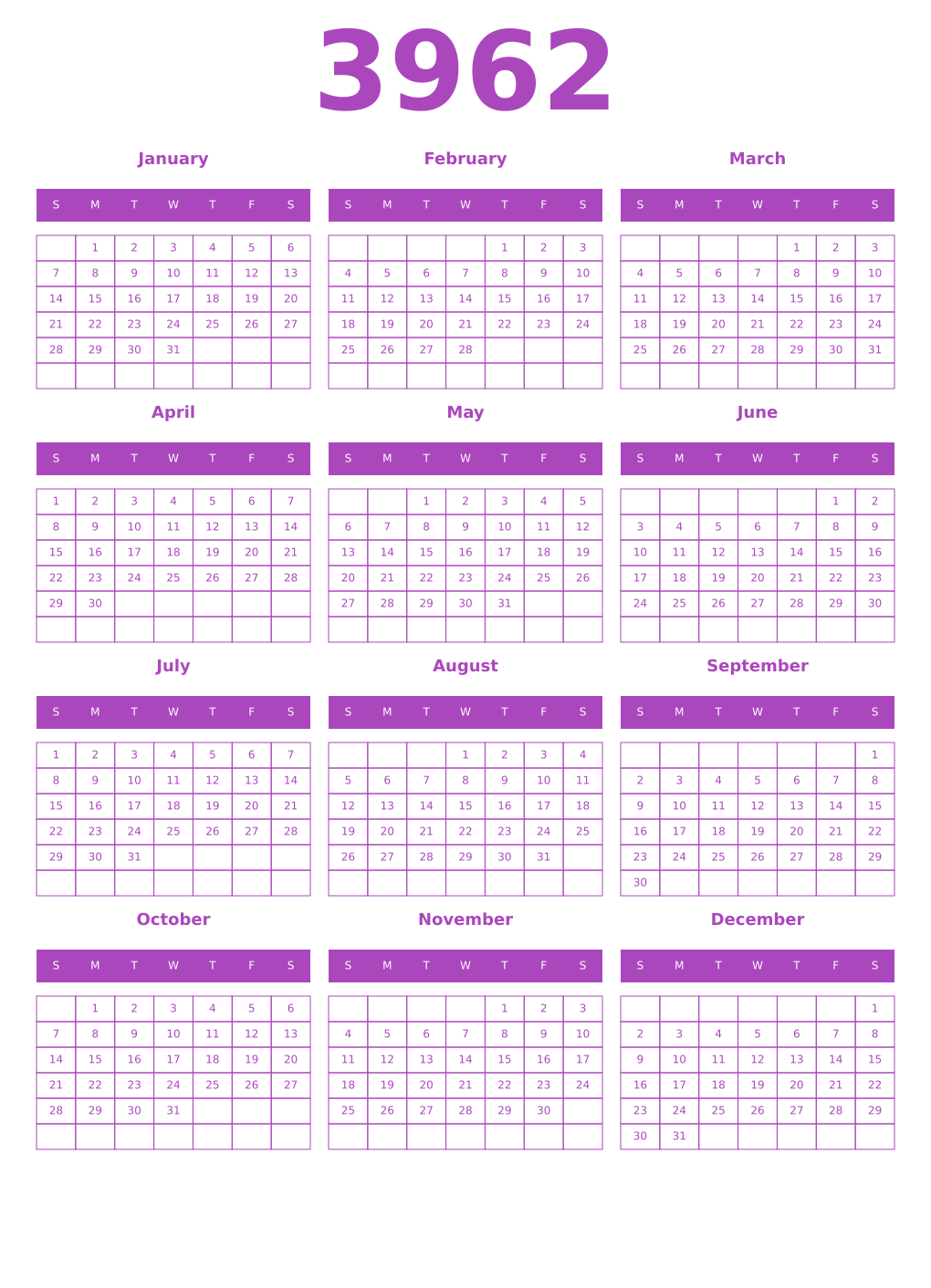 Printable 3962 Year Calendars purple
