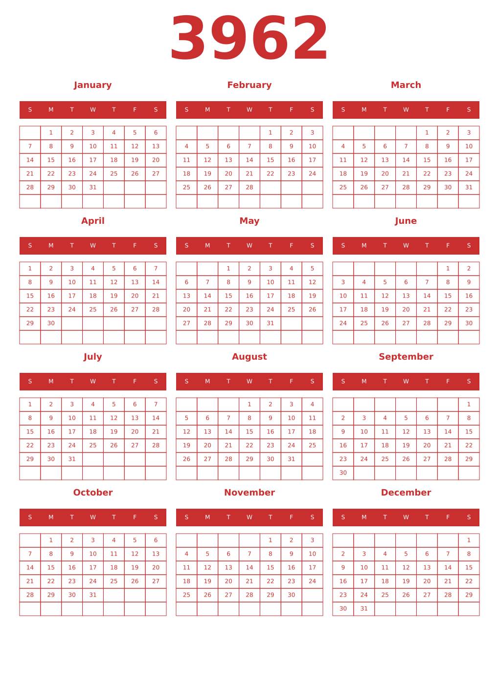 Printable 3962 Year Calendars red