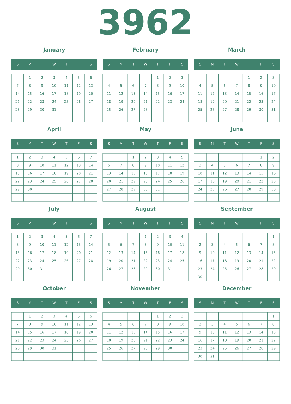 Printable 3962 Year Calendars viridian
