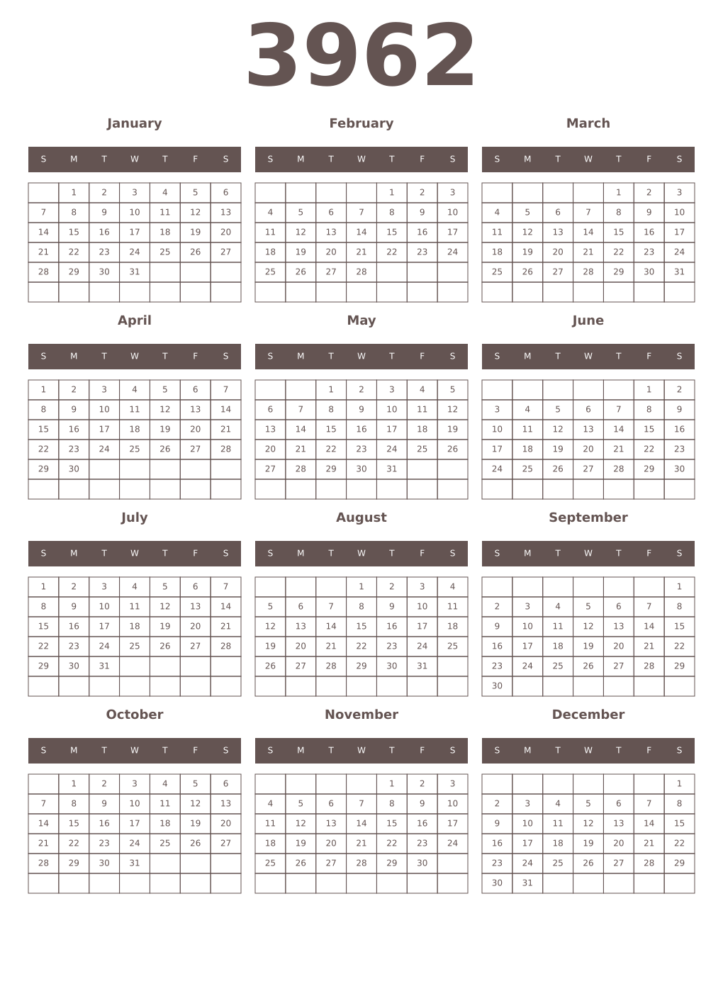 Printable 3962 Year Calendars wenge
