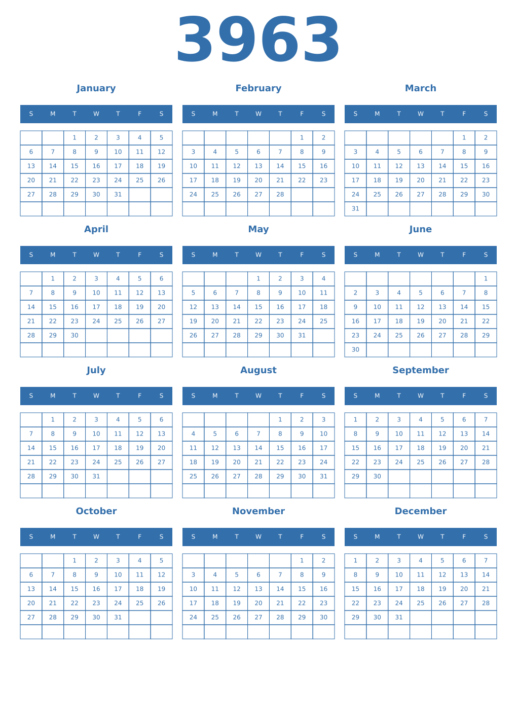 Printable 3963 Year Calendars blue