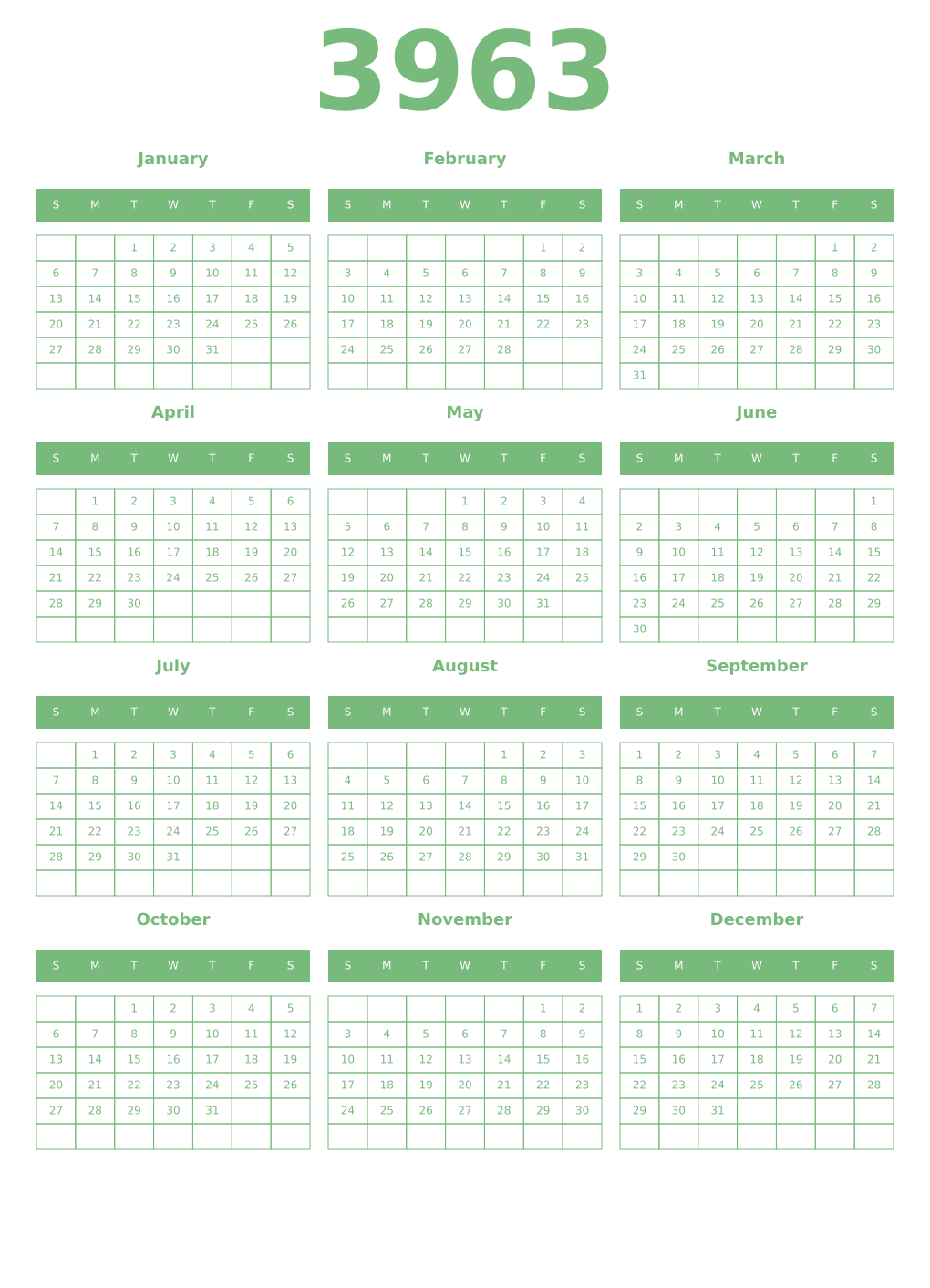 Printable 3963 Year Calendars celadon