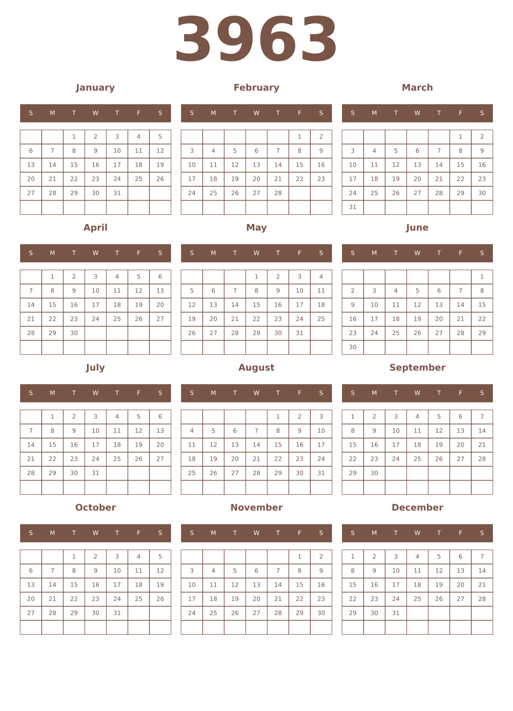 Printable 3963 Year Calendars coffe