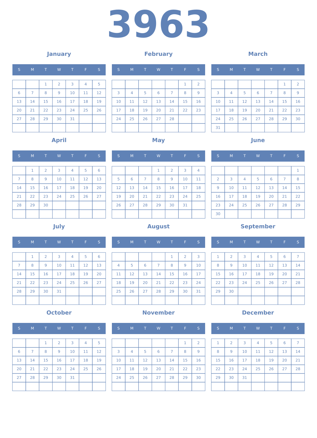 Printable 3963 Year Calendars glaucous