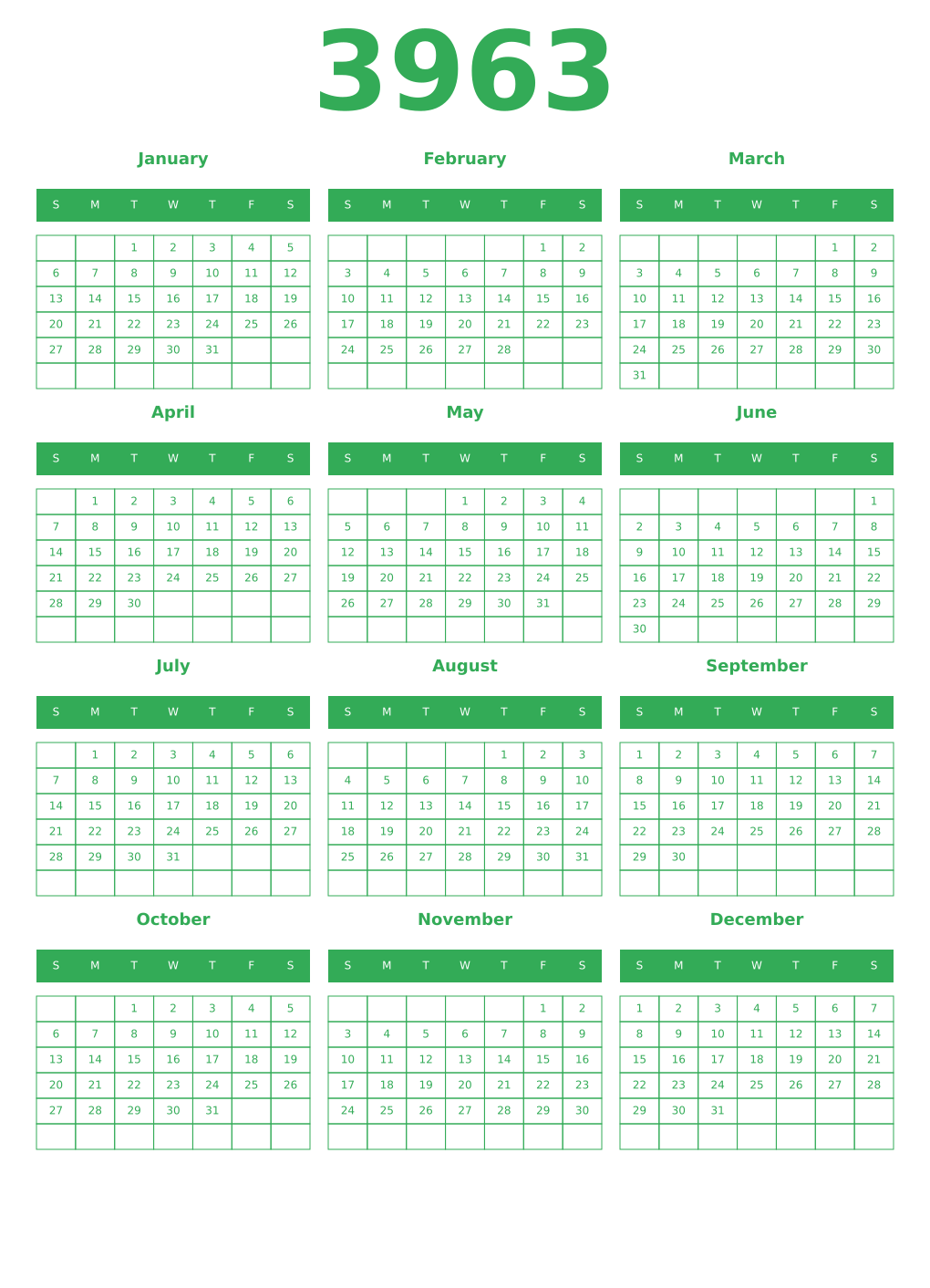 Printable 3963 Year Calendars green