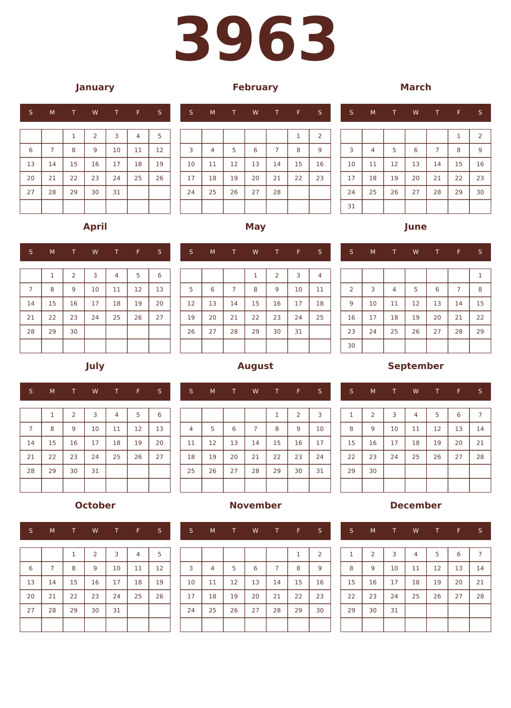 Printable 3963 Year Calendars mortuum