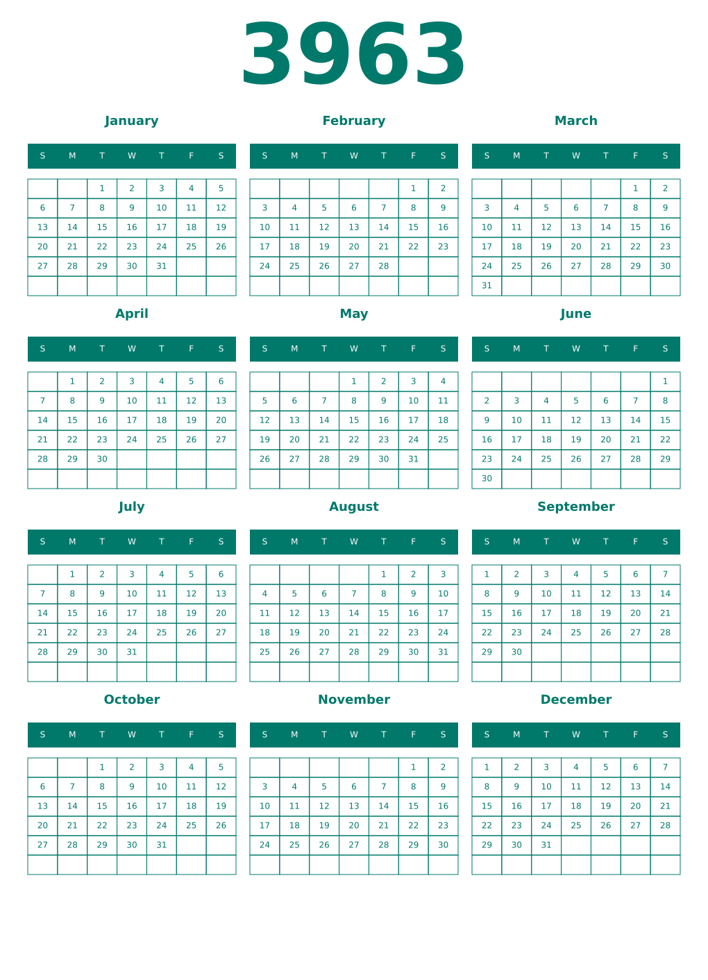 Printable 3963 Year Calendars pastel