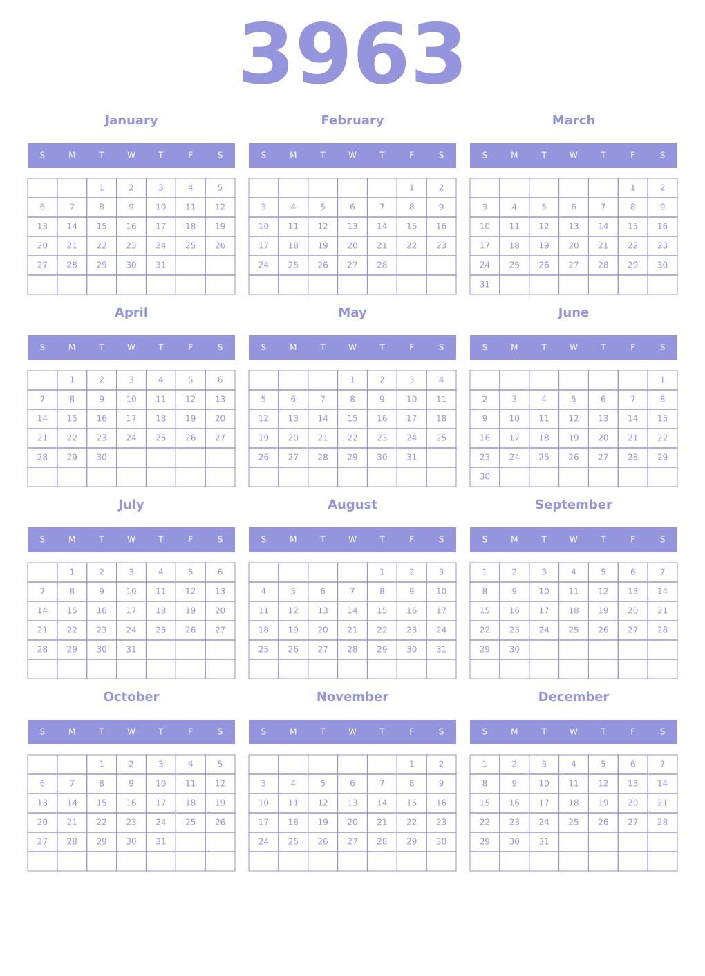 Printable 3963 Year Calendars periwinkle