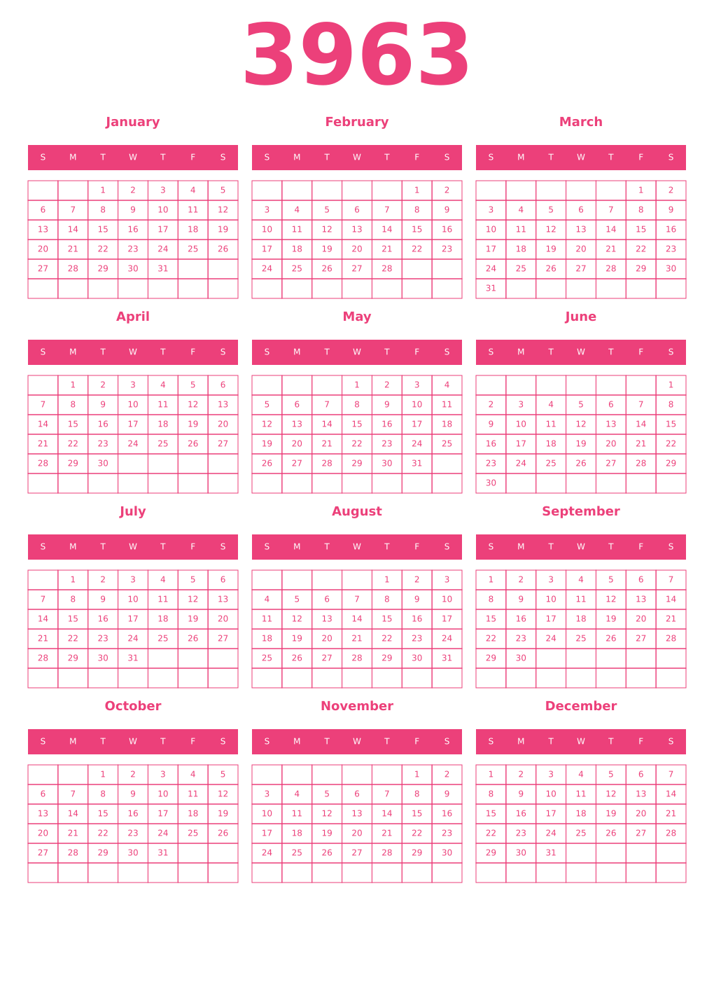 Printable 3963 Year Calendars pink