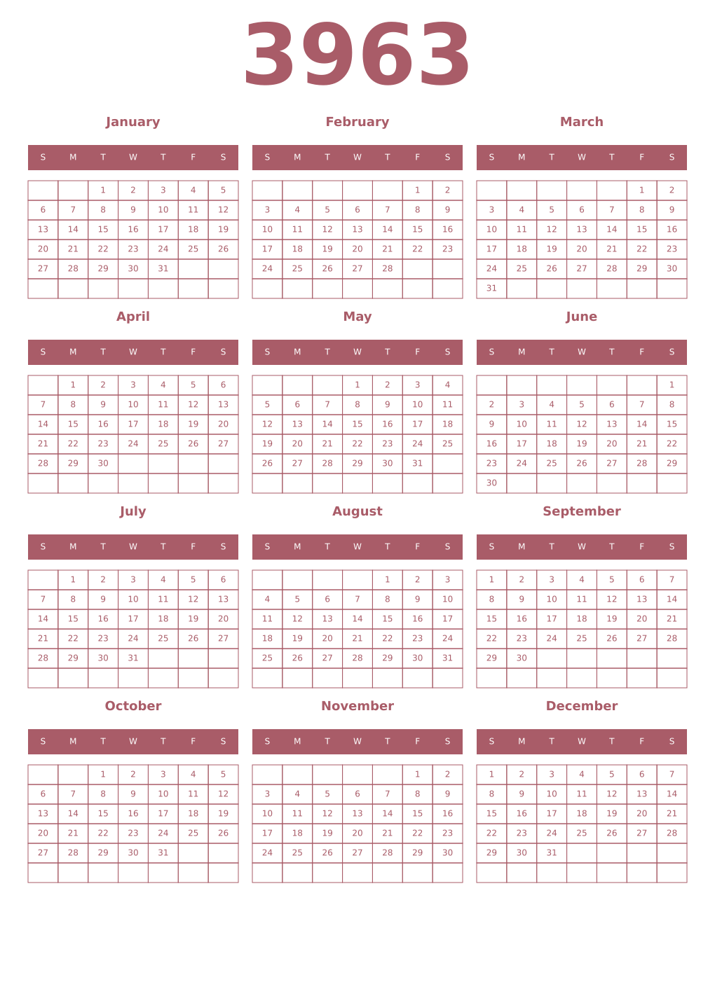 Printable 3963 Year Calendars puce