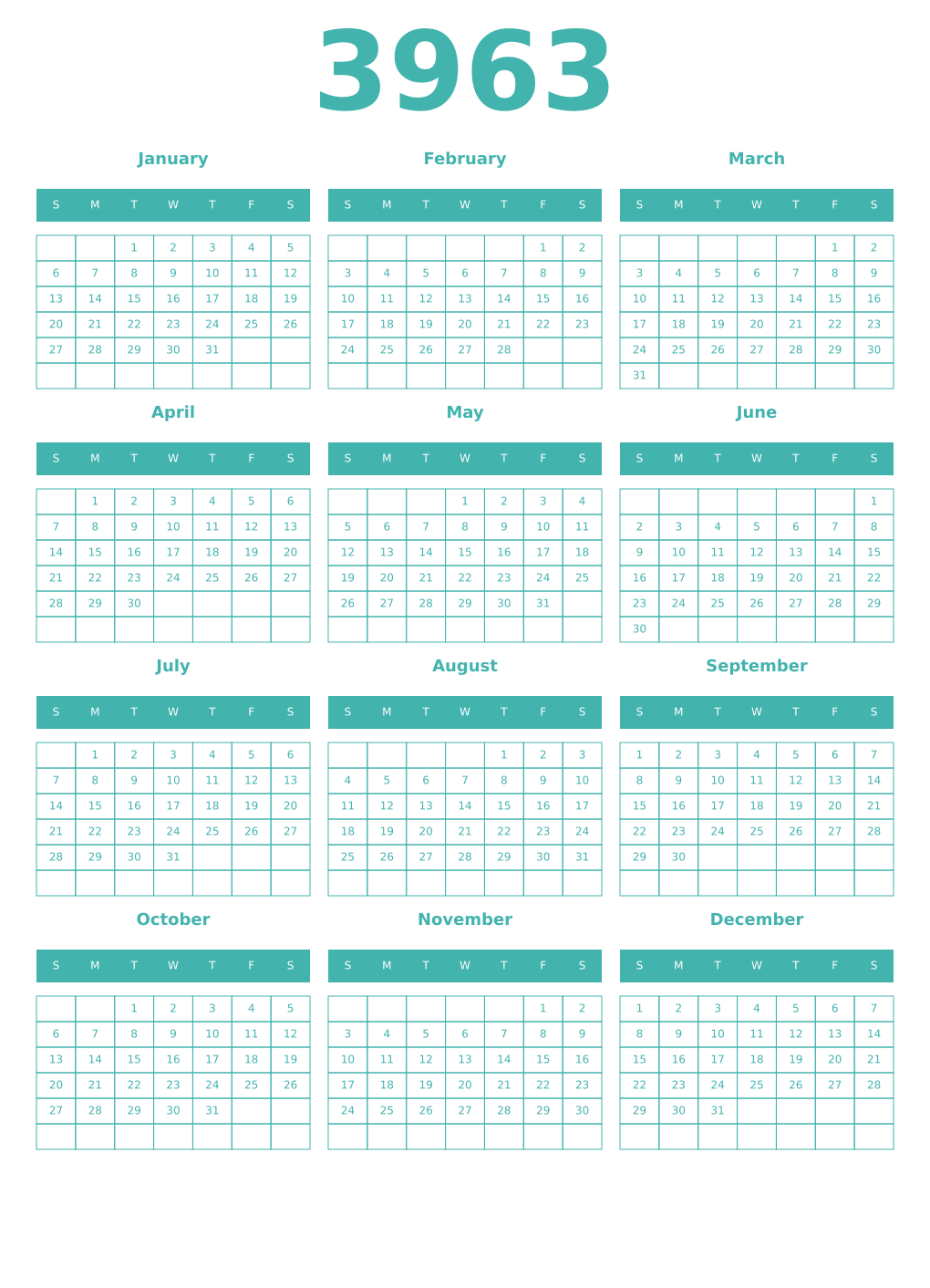 Printable 3963 Year Calendars verdigris