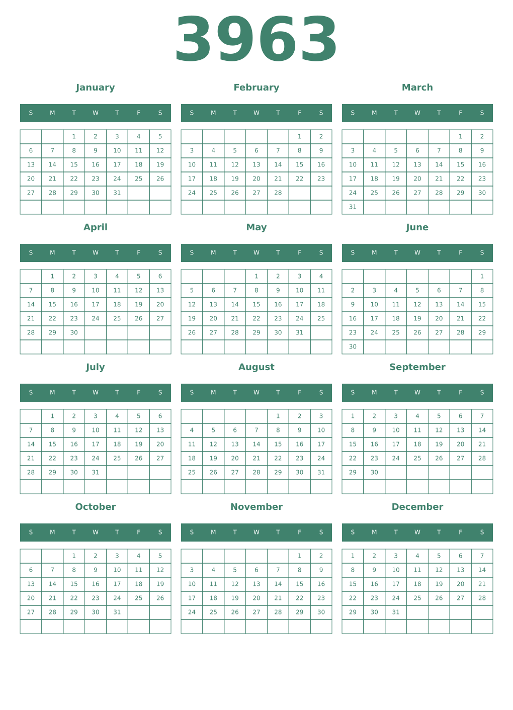 Printable 3963 Year Calendars viridian