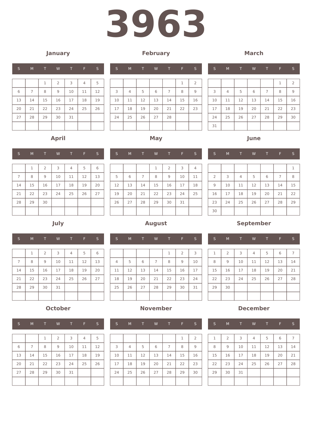 Printable 3963 Year Calendars wenge