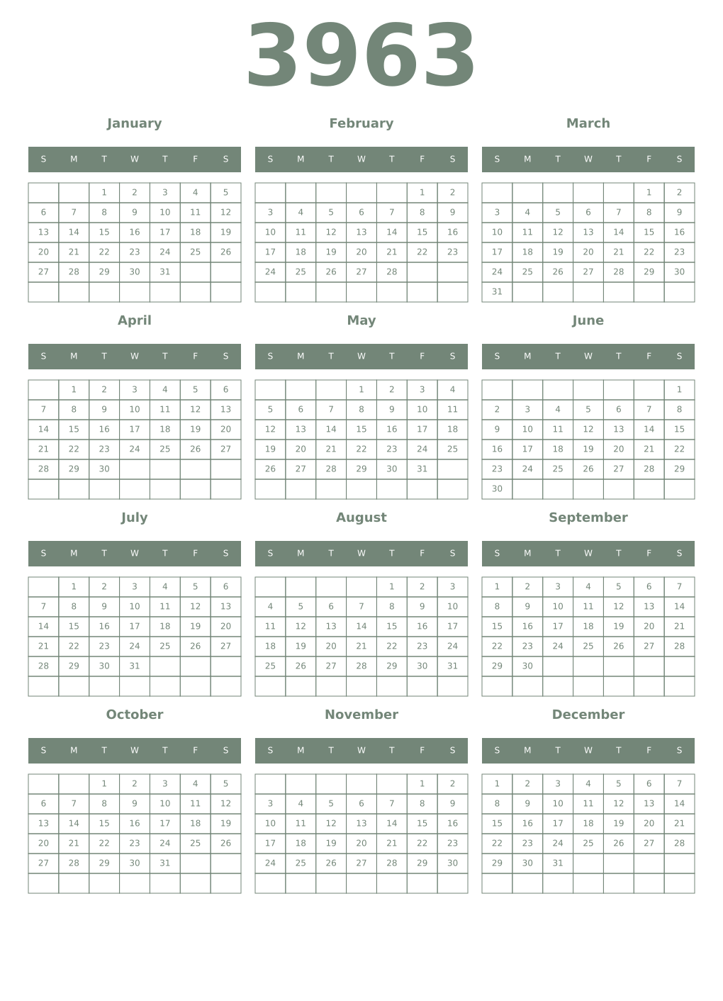 Printable 3963 Year Calendars xanadu