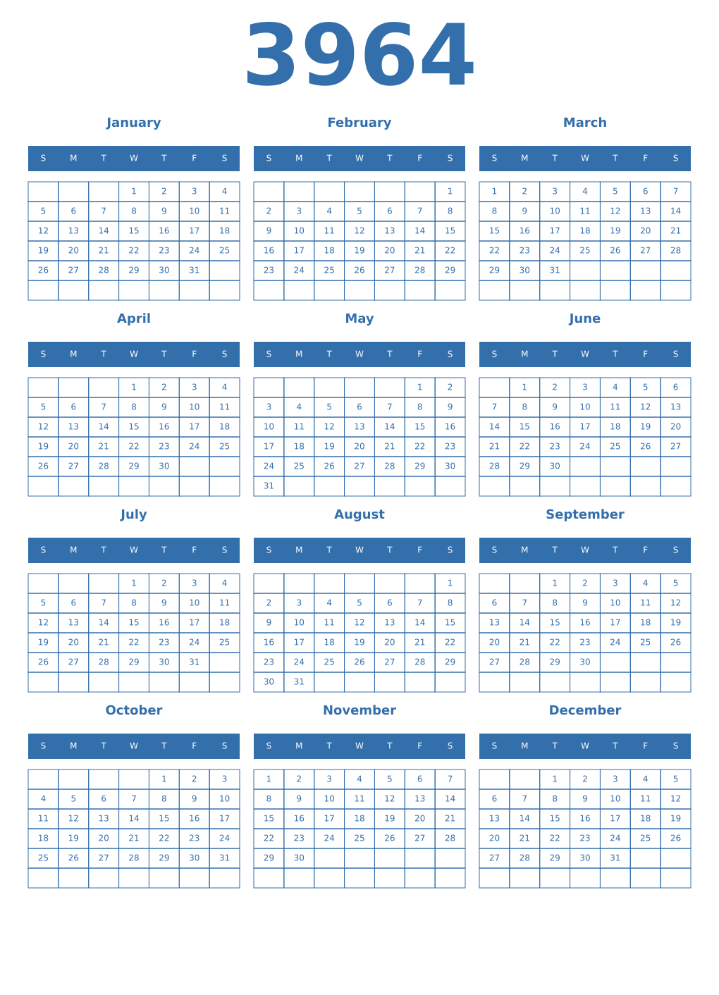 Printable 3964 Year Calendars blue