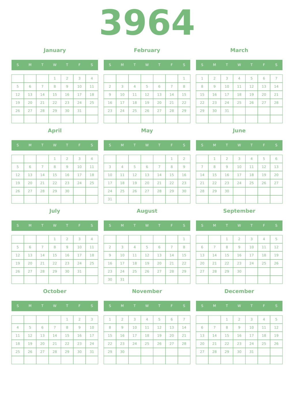 Printable 3964 Year Calendars celadon