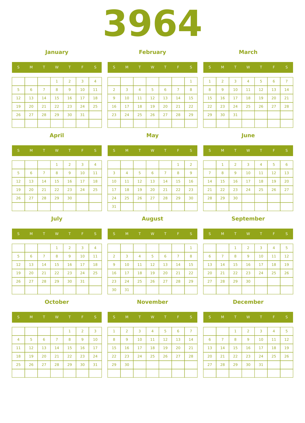 Printable 3964 Year Calendars chartreuse