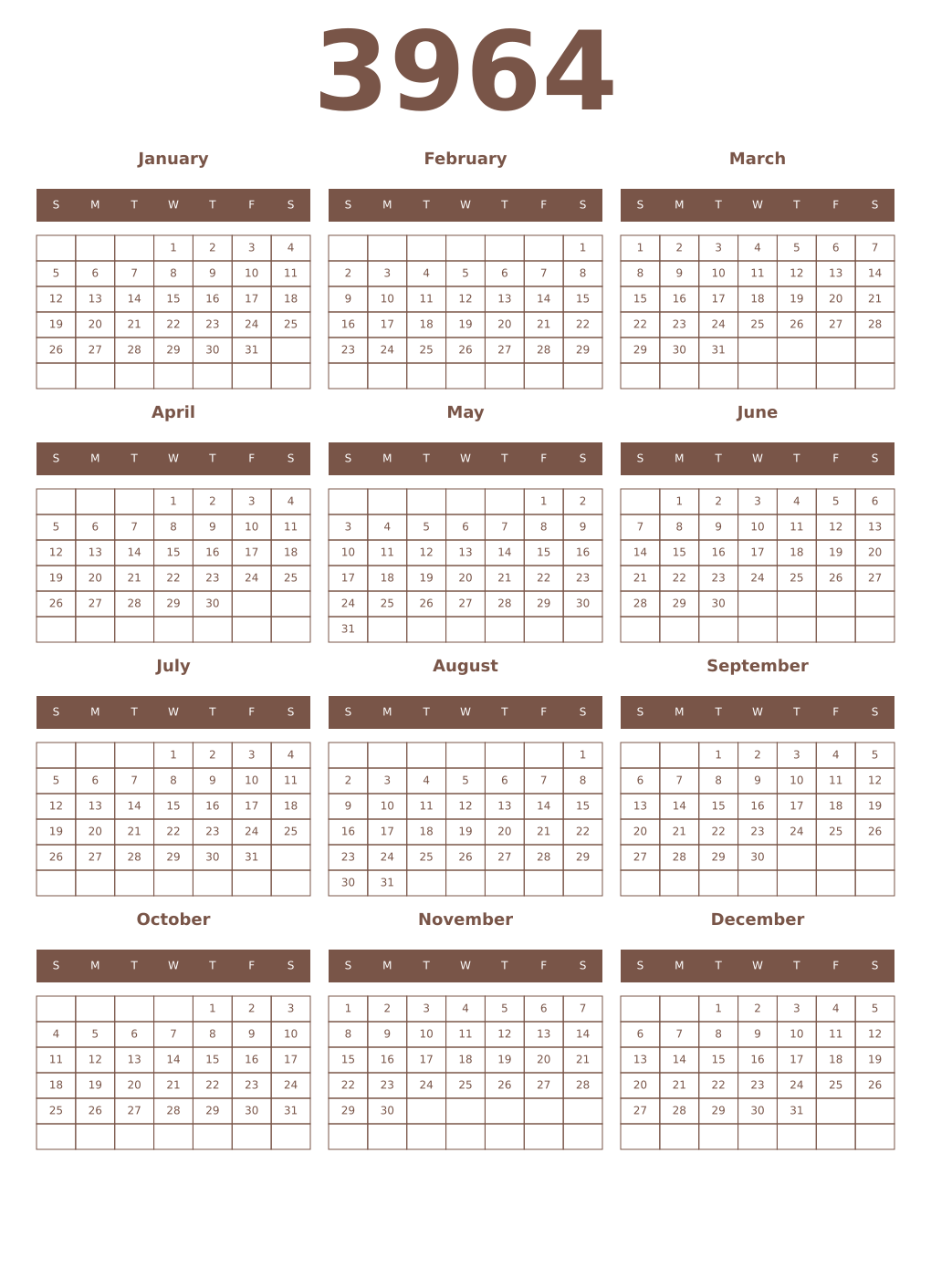 Printable 3964 Year Calendars coffe