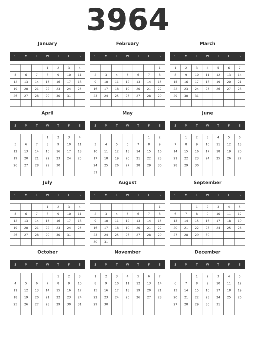 Printable 3964 Year Calendars dark
