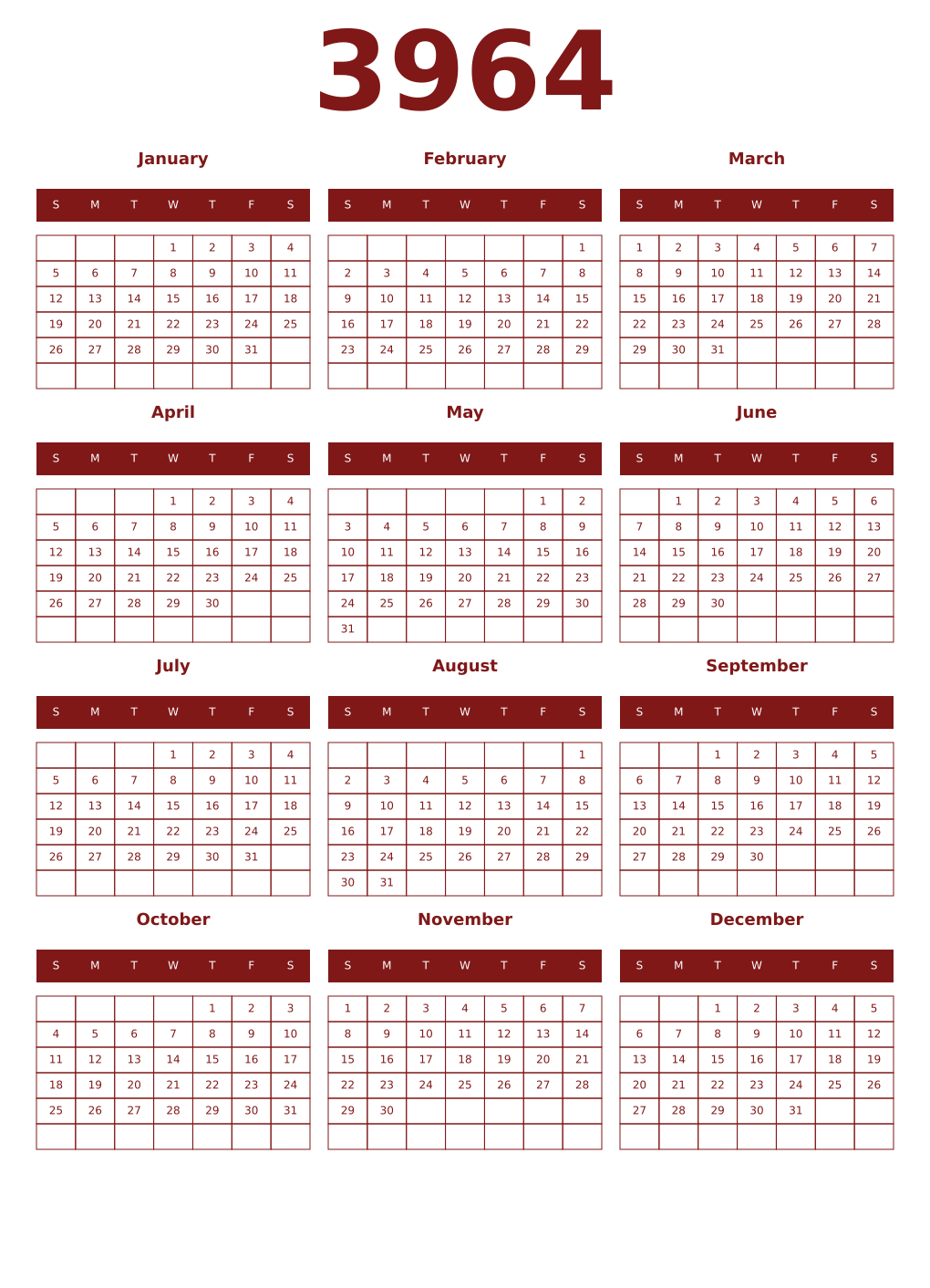 Printable 3964 Year Calendars falu