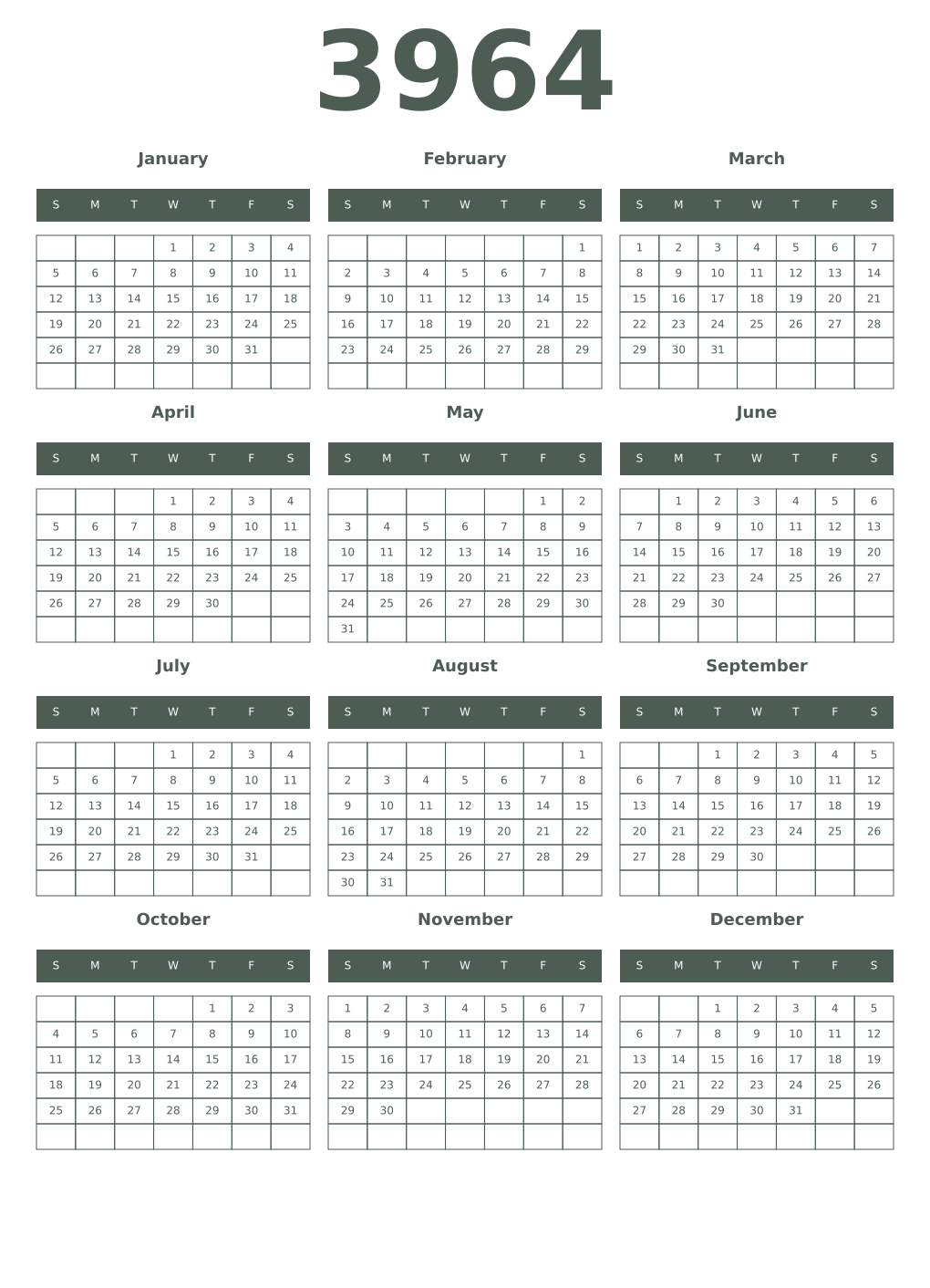 Printable 3964 Year Calendars feldgrau