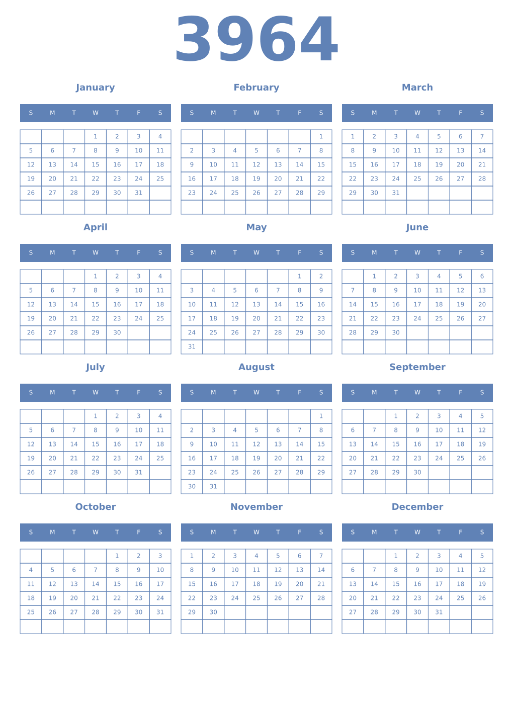Printable 3964 Year Calendars glaucous