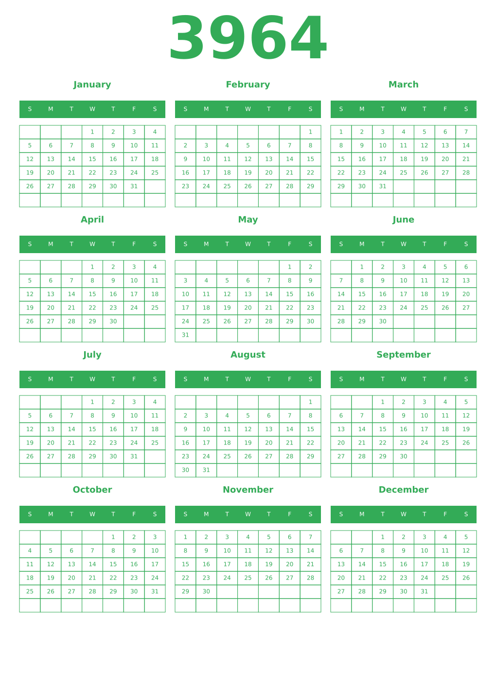 Printable 3964 Year Calendars green