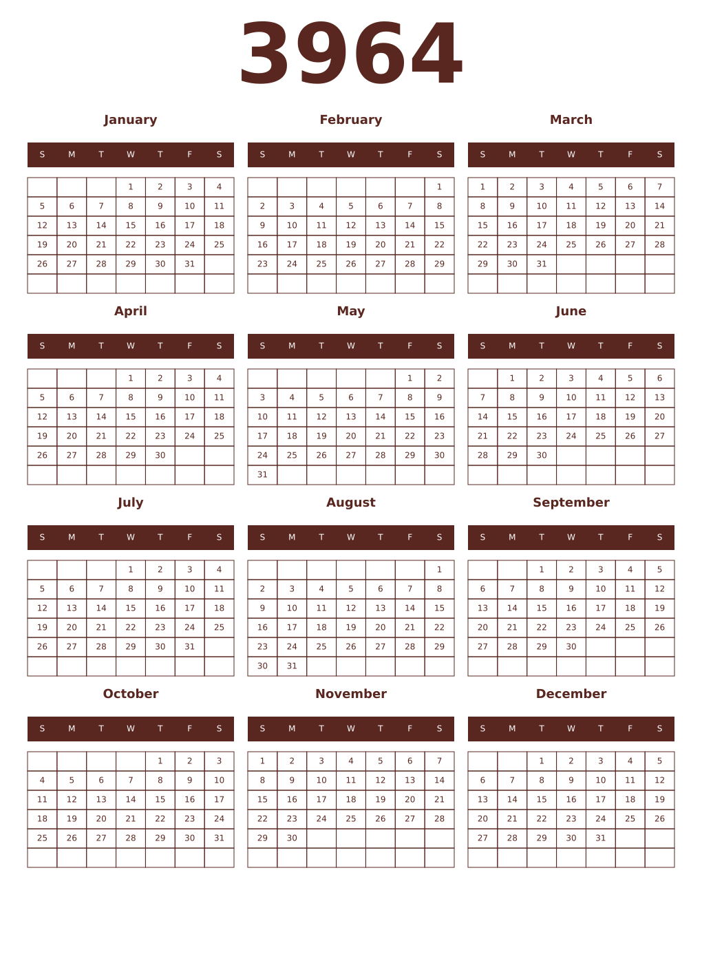 Printable 3964 Year Calendars mortuum