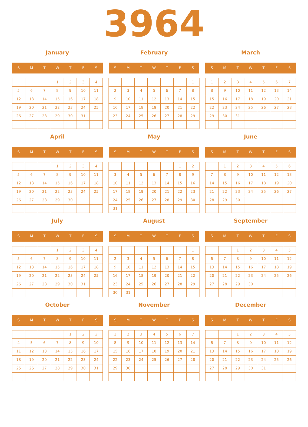 Printable 3964 Year Calendars orange