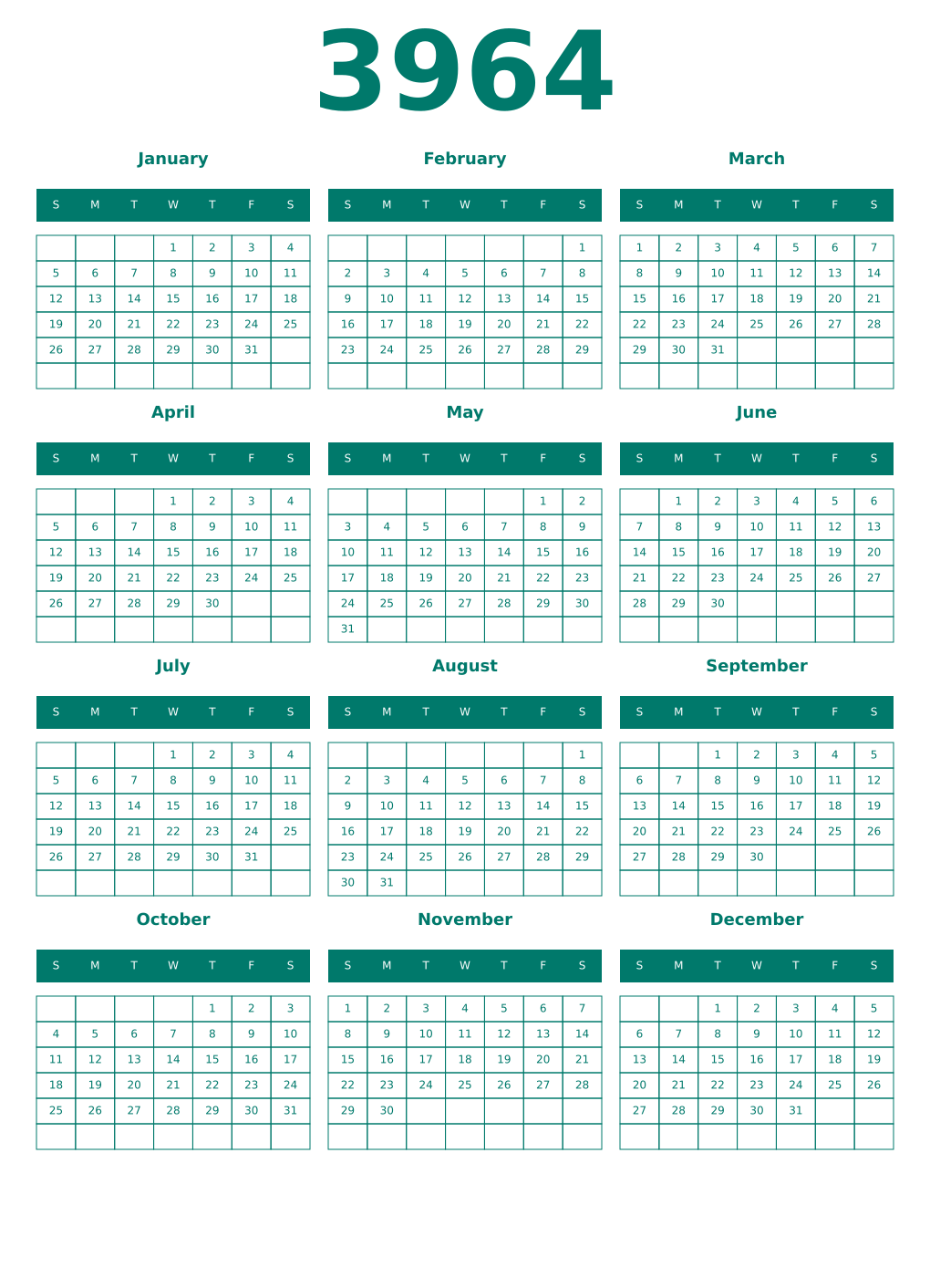 Printable 3964 Year Calendars pastel
