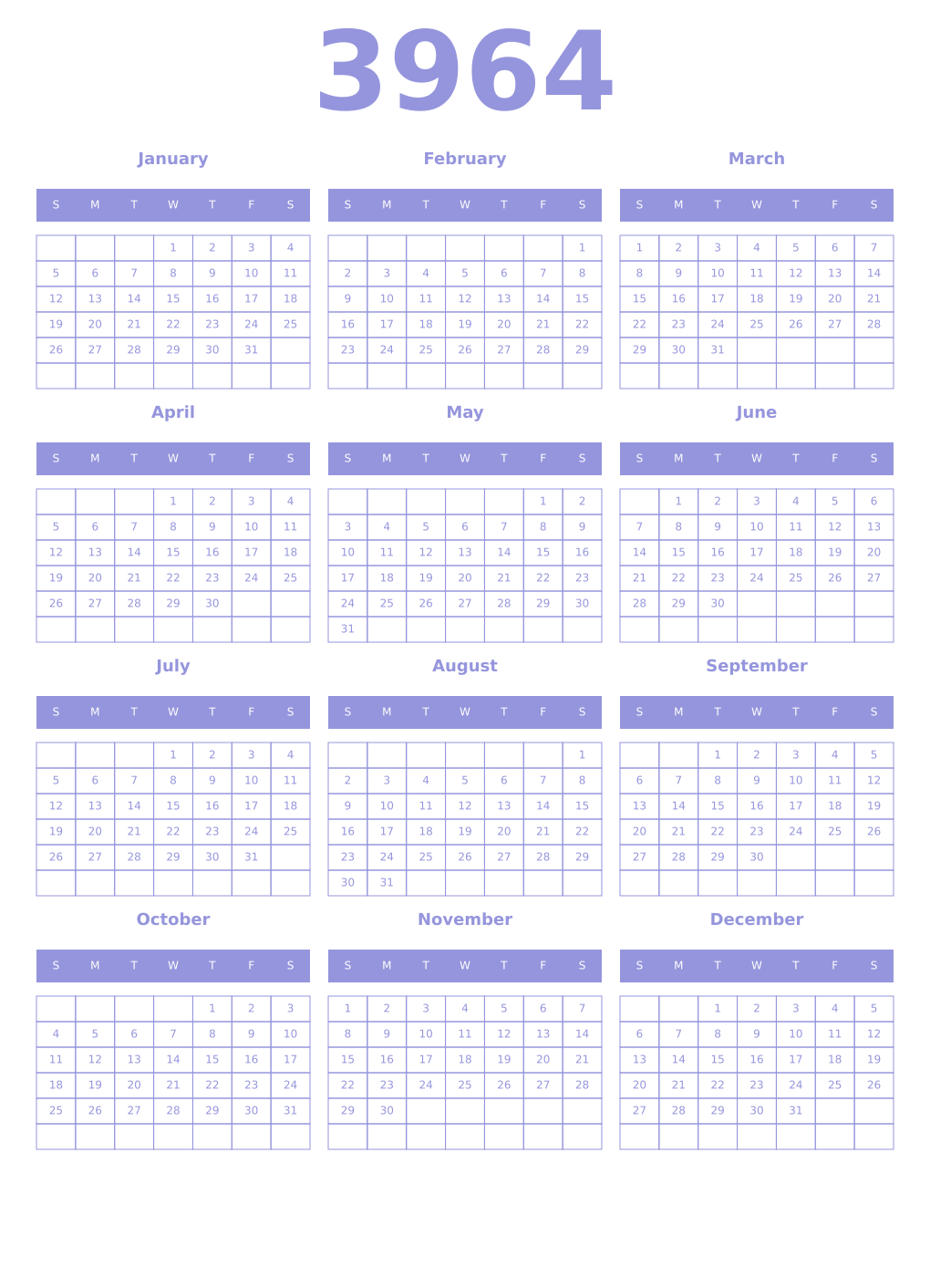 Printable 3964 Year Calendars periwinkle