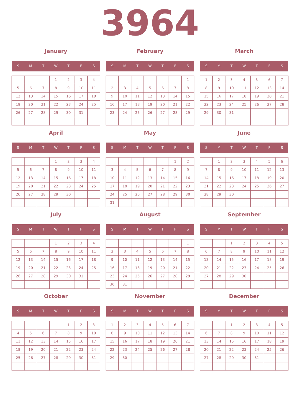 Printable 3964 Year Calendars puce