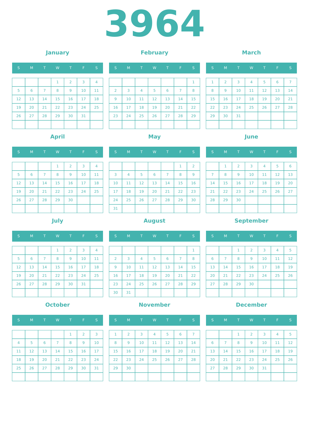 Printable 3964 Year Calendars verdigris