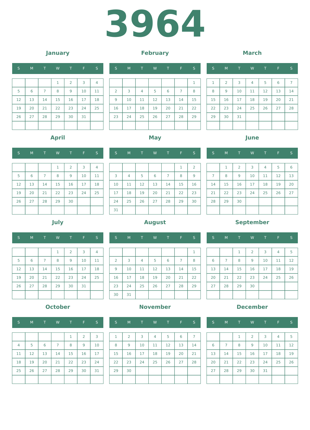 Printable 3964 Year Calendars viridian