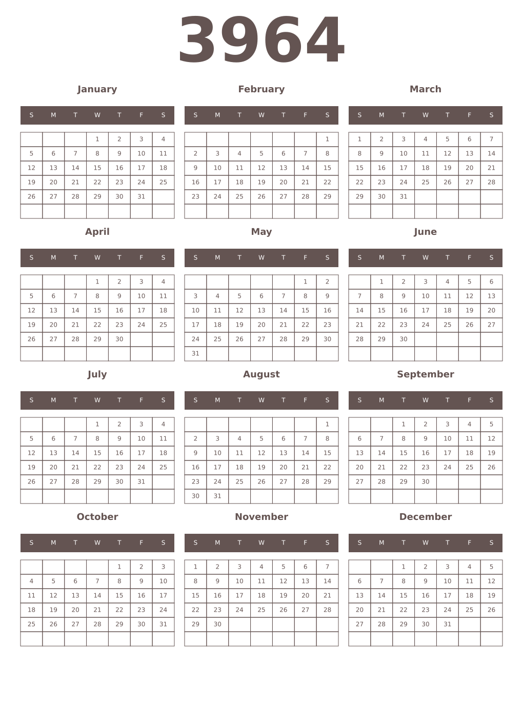 Printable 3964 Year Calendars wenge