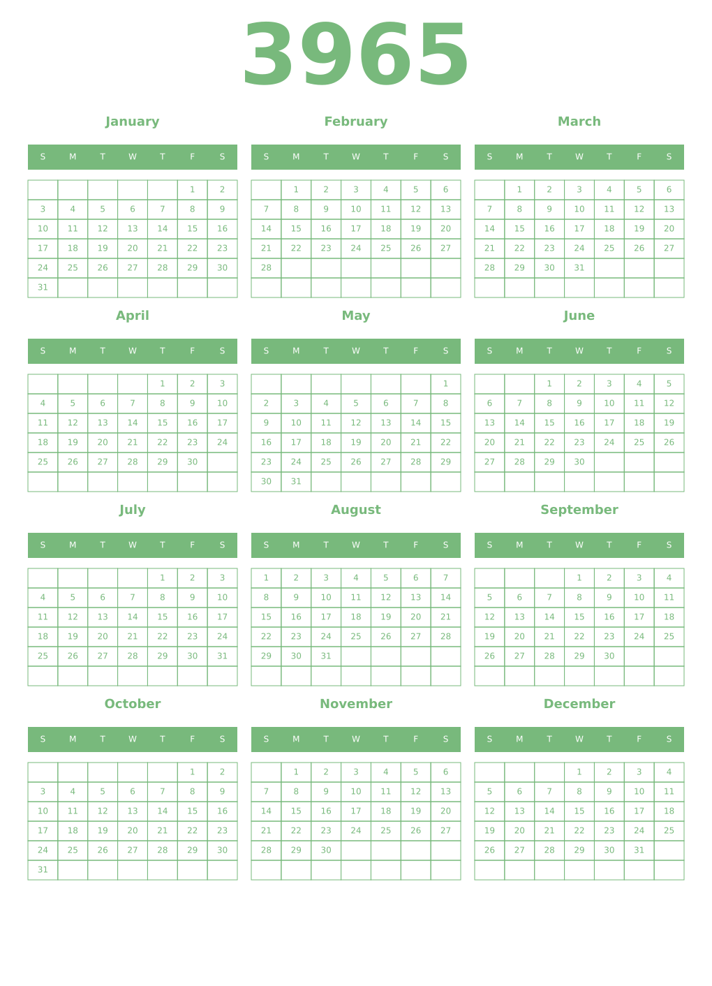 Printable 3965 Year Calendars celadon