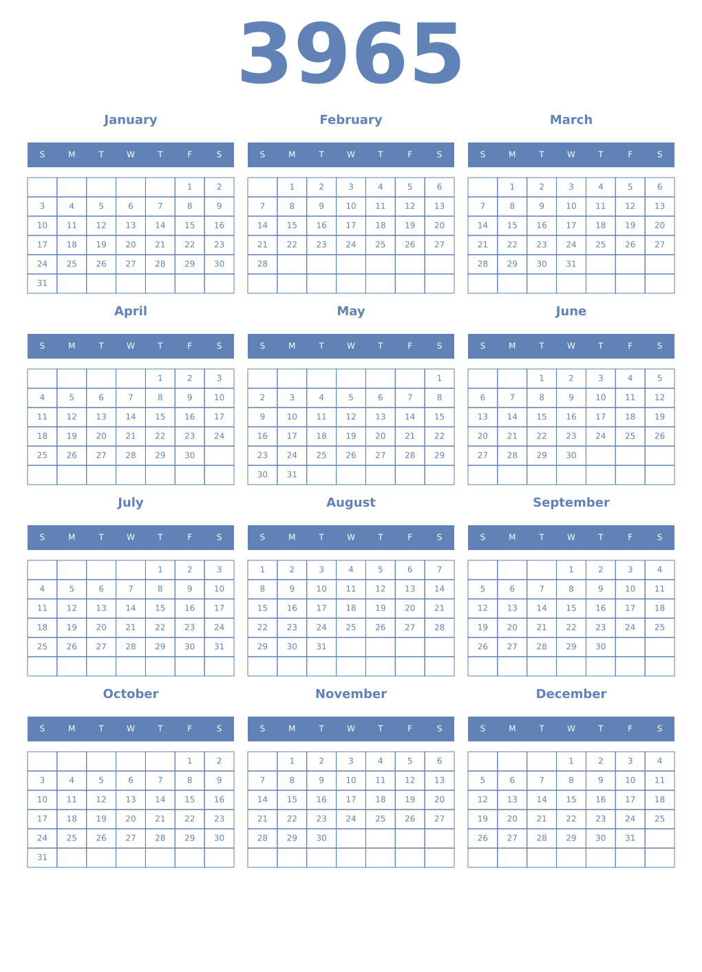 Printable 3965 Year Calendars glaucous